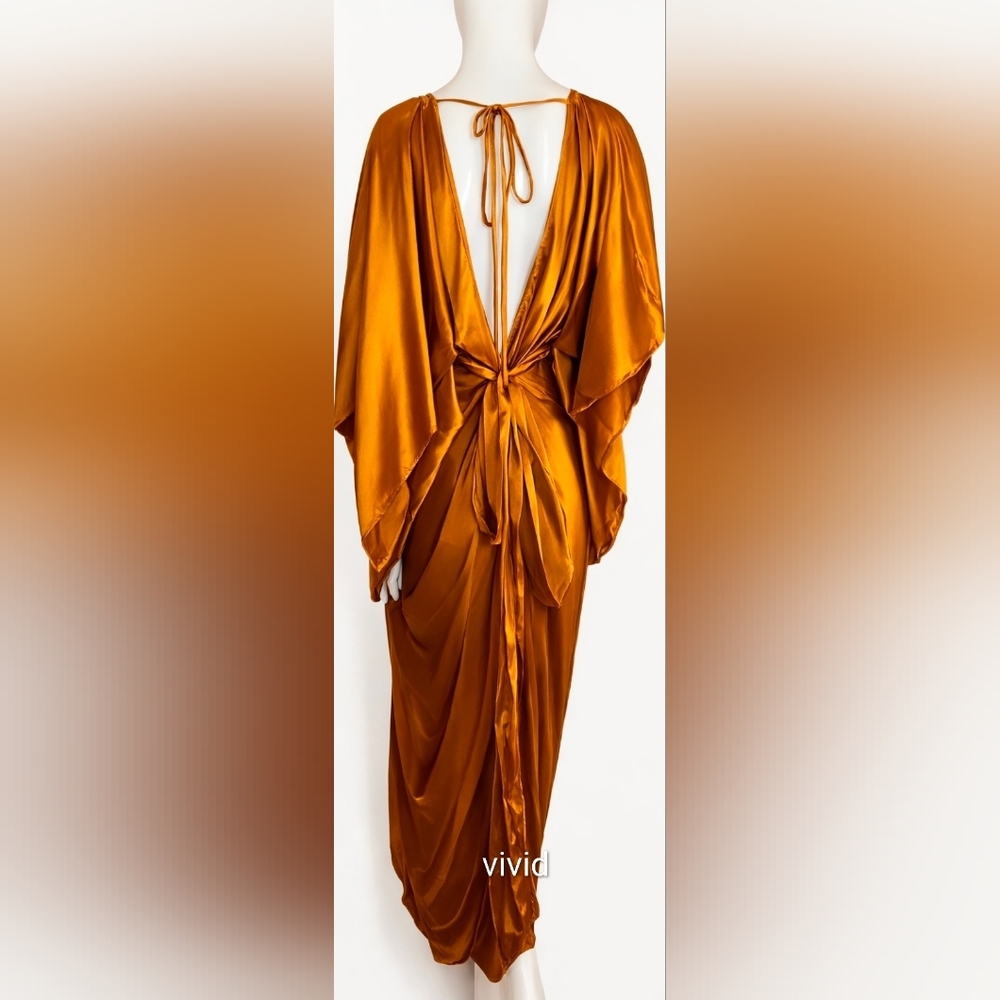 Anthropologie Satin Kaftan Tie Front Maxi Dress OS Adjustabe In Bronze NWT$200 - Picture 2 of 12